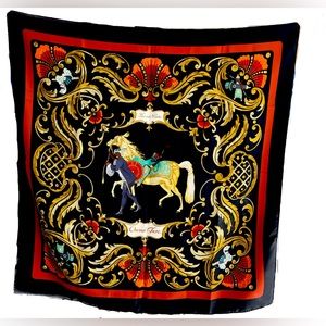 Hermes Scarf 90 "Cheval Turc" Turk Black, Gold, Red 100% Silk Scarf 35" Vintage